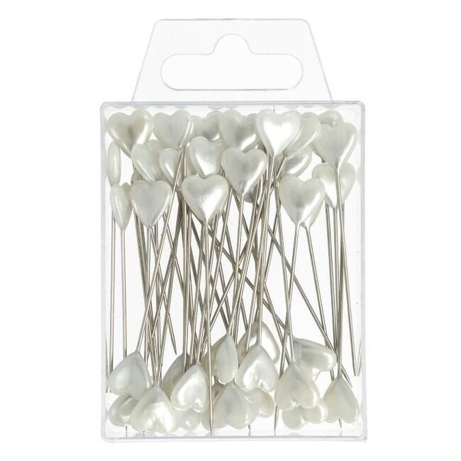 Shiny Pins with Heart Heads | Colour: Natural White | Diameter 10 millimetre | Contents 40 pins | Per box