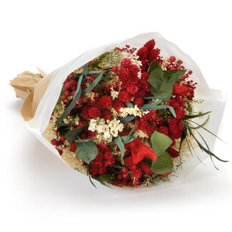 MyFlowers Bouquet de fleurs séchées Fantasy Rosso | Longueur ± 35 centimètres | Avec des fleurs séchées rouges, blanches et vertes