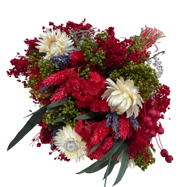 Trockenblumenstrauß Fantasy Rosso | Länge ± 35 Zentimeter | Mit roten, weißen und grünen Trockenblumen