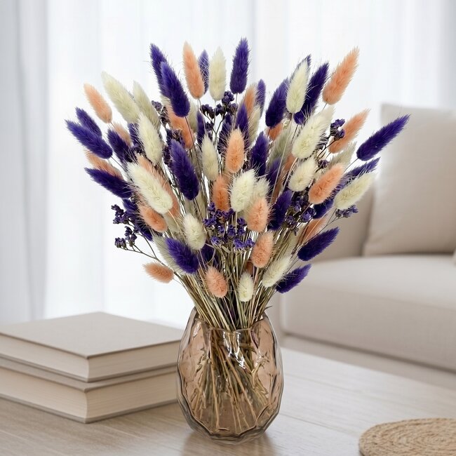 Boeket droogbloemen Lagurus "Pastel Mix" | Lengte ± 65 centimeter | Gewicht ± 100 gram