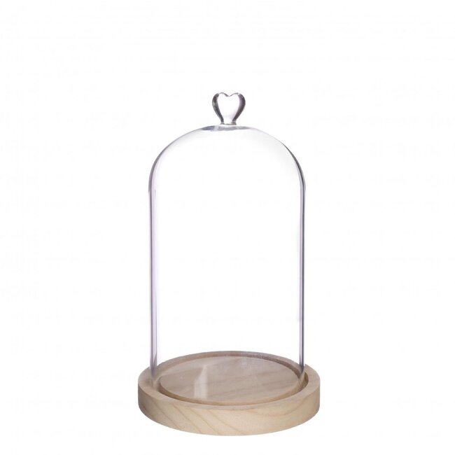 Glazen Stolp met Hart en houten voet | Kleur: Transparant | Diameter 14 centimeter | Hoogte 24 centimeter | Per stolp