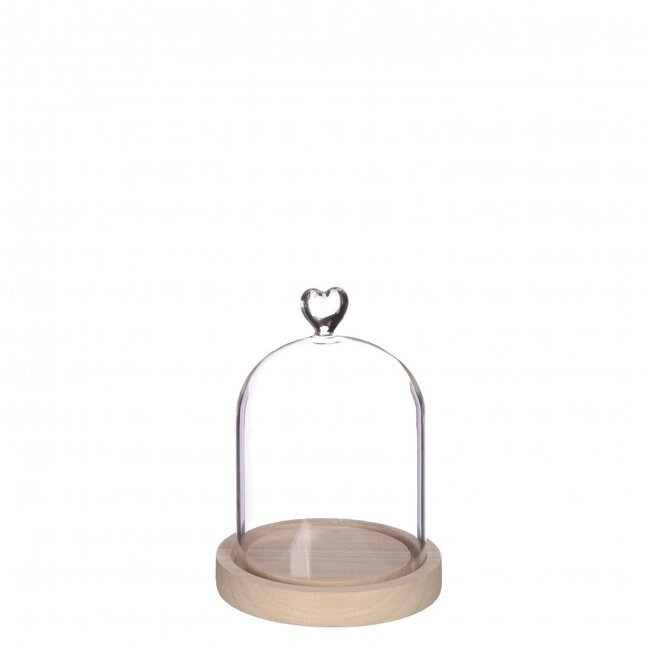 Glazen Stolp met Hart en houten voet | Kleur: Transparant | Diameter 12 centimeter | Hoogte 16 centimeter | Per stolp