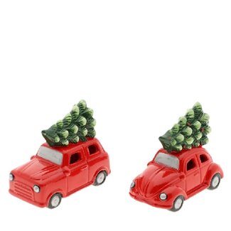 4A Rotes Auto mit Weihnachtsbaum und LED Assortiert | Länge 13 centimeter | Weihnachtsdekoration | Breite 7 centimeter | Höhe 11 centimeter | Pro 6 Autos