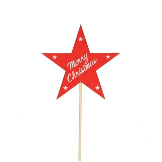 4A Ster "Merry Christmas" tekst op stok | Kleur: Rood | Diameter ster 9 centimeter | Lengte bijsteker ± 50 centimeter | Kerst Decoratie | Per 25 bijstekers