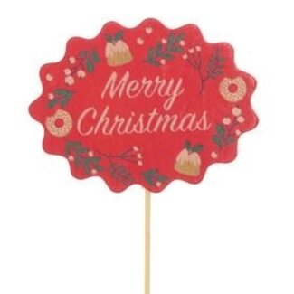 4A Red “Merry Christmas” text Pick | Width 6.5 centimeter | Height 8.5 centimeter | Length pick ± 10 centimeter | Per 25 picks