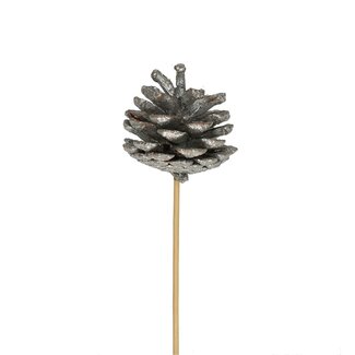 4A Dennenappel op stok | Kleur: Zilverkleurig | Kerst Decoratie | Diameter dennenappel 6 centimeter | Lengte bijsteker ± 50 centimeter | Per 25 bijstekers