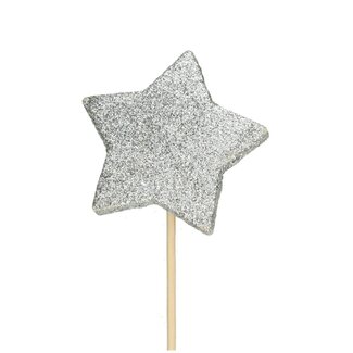 4A Ster Glitter Bijsteker | Kleur: Zilverkleurig | Diameter ster 7 centimeter | Lengte bijsteker ± 50 centimeter | Kerst Decoratie | Per 25 bijstekers
