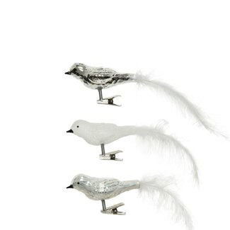 4A Vogel op Clip Glas Assorti | Kleur: Zilver Wit | Set van 3 vogels | Kerst Decoratie | Lengte 8 centimeter | Per set