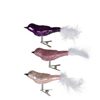 4A Glazen Vogel op Clip | Kleur: Roze | Kerst Decoratie | Lengte 8 centimeter | Per 3 vogels