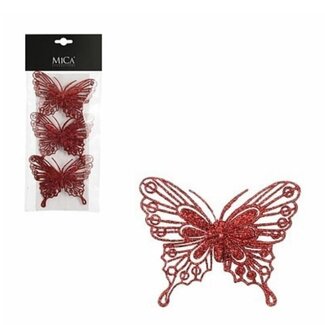 4A Papillon rouge sur clip | Décoration de Noël | Longueur 10 centimeter | Par 3 papillons