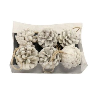4A Dennenappel Hanger | Kleur: Naturel Wit | Kerst Decoratie | Lengte 6 centimeter | Per 6 dennenappels