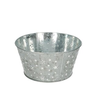 4A Zinken Bloempot Plantenbak met witte sterren “Nigel” | Kleur: Grijs | Kerst Decoratie | Diameter 20 centimeter | Hoogte 10 centimeter | Per 10 bakken