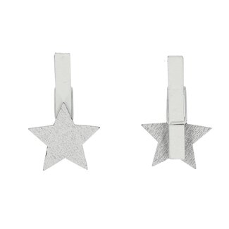 4A Houten Knijpers met Ster | Kleur: Zilverkleurig | Kerst Decoratie | Lengte 3 centimeter | Per 36 knijpers