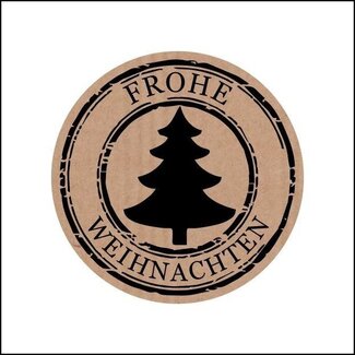 4A Kerstboom Stickers op Rol met Tekst “Frohe Weihnachten” | Kleur: Bruin | Kerst Decoratie | Diameter 35 millimeter | Per 500 stickers