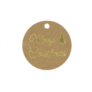 4A Kerst Cadeaulabels “Merry Christmas” | Kleur: Goudkleurig | Kerst Decoratie | Diameter 5 centimeter | Per 50 labels