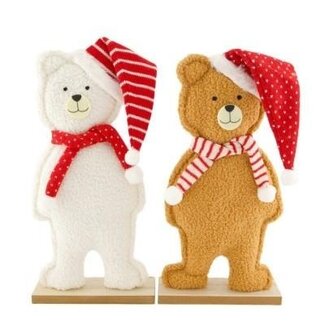 4A Beer Decoratie op Standaard | Kleur: Bruin en Wit | Kerst Decoratie | Lengte 20 centimeter | Breedte 6 centimeter | Hoogte 39 centimeter | Per 12 beren