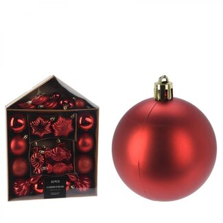 4A Kunststof Kerstballen Mix | Kleur: Rood | Kerst Decoratie | Diameter 3 tot 11 centimeter | Per 32 kerstballen