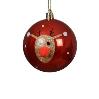 4A Kunststof Kerstbal met Rendier | Kleur: Rood | Kerst Decoratie | Diameter 8 centimeter | Per 12 kerstballen