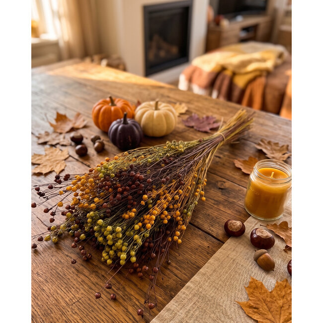 Gedroogd Vlas Linum “Autumn Mix” | Kleur: Gemengde Kleuren | Lengte ± 60 centimeter | Gewicht 150 gram | Per bos