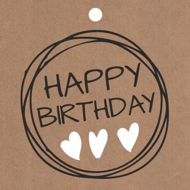 Label Kaartje met tekst “Happy Birthday” | Kleur: Lichtbruin | Breedte 7 centimeter | Hoogte 7 centimeter | Per 20 labels