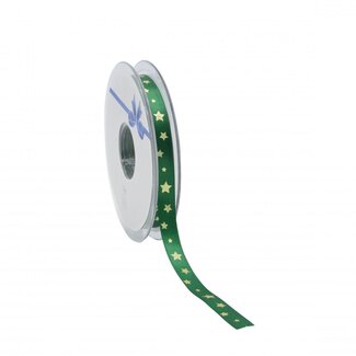 4A Ruban avec étoiles dorées | Couleur : Vert | Décoration de Noël | Largeur 10 millimètres | Longueur 25 mètres | Par rouleau