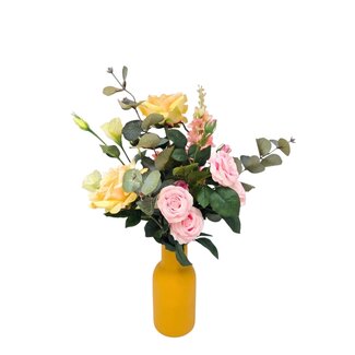 MyFlowers Bouquet de fleurs artificielles “Summer Joy” | Longueur ± 60 centimètres | Vase inclus | Avec des roses artificielles jaunes et roses | Par bouquet