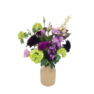 MyFlowers Kunstblumenstrauß „Purple Mystique“ | Länge ± 60 Zentimeter | Inklusive Vase | Mit violetten und hellgrünen Kunstblumen | Pro Strauß