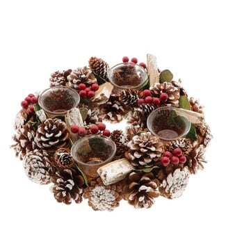 4A Couronne avec photophores en verre et décoration pommes de pin | Couleur : Rouge givré | Décoration de Noël | Diamètre 30 centimètres | Hauteur 9 centimètres | Par couronne