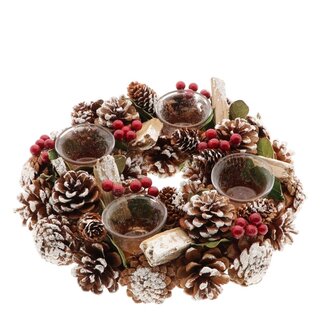 4A Krans met Glazen Theelichten en Dennenappels Decoratie | Kleur: Frosted Rood | Kerst Decoratie | Diameter 30 centimeter | Hoogte 9 centimeter | Per krans