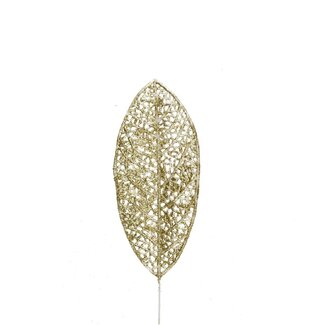 4A Feuille pailletée à piquer de Noël | Couleur : Or | Décoration de Noël | Longueur de la feuille 14 centimètres | Largeur 6 centimètres | Longueur de la tige à piquer ± 10 centimètres | Par 25 tiges à piquer