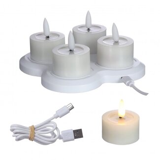 4A LED Theelicht USB oplaadbaar | set van 4 | Kleur: Natuurlijk Wit | Diameter 4.5 centimeter | Hoogte 2.5 centimeter | Per set theelichten
