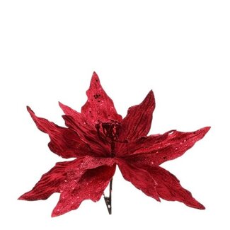 4A Poinsettia Decoratie met Clip | Kleur: Cerise | Kerstdecoratie | Diameter 28 centimeter | Per 12 clips