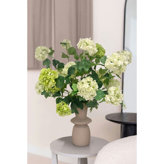 MyFlowers Kunstblumenstrauß “Botanical Breeze” | Länge ± 60 Zentimeter | Inklusive Vase | Mit weißen und grünen Schneeball Viburnum Opulus Blumen | Pro Strauß