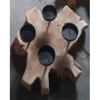 HBXD Teak Candle Holder for 4 candles "Lilin” | Colour: Brown | Home Decor | Length 40 centimetres | Width 40 centimetres | Height 10 centimetres | Per tealight holder