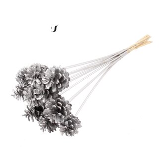 QC Pine cone on stick | Colour: Silver-coloured | Diameter 5 - 7 centimetres | Length ± 50 centimetres | 10 picks per bunch