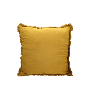 Fringe cushion cotton linen mustard