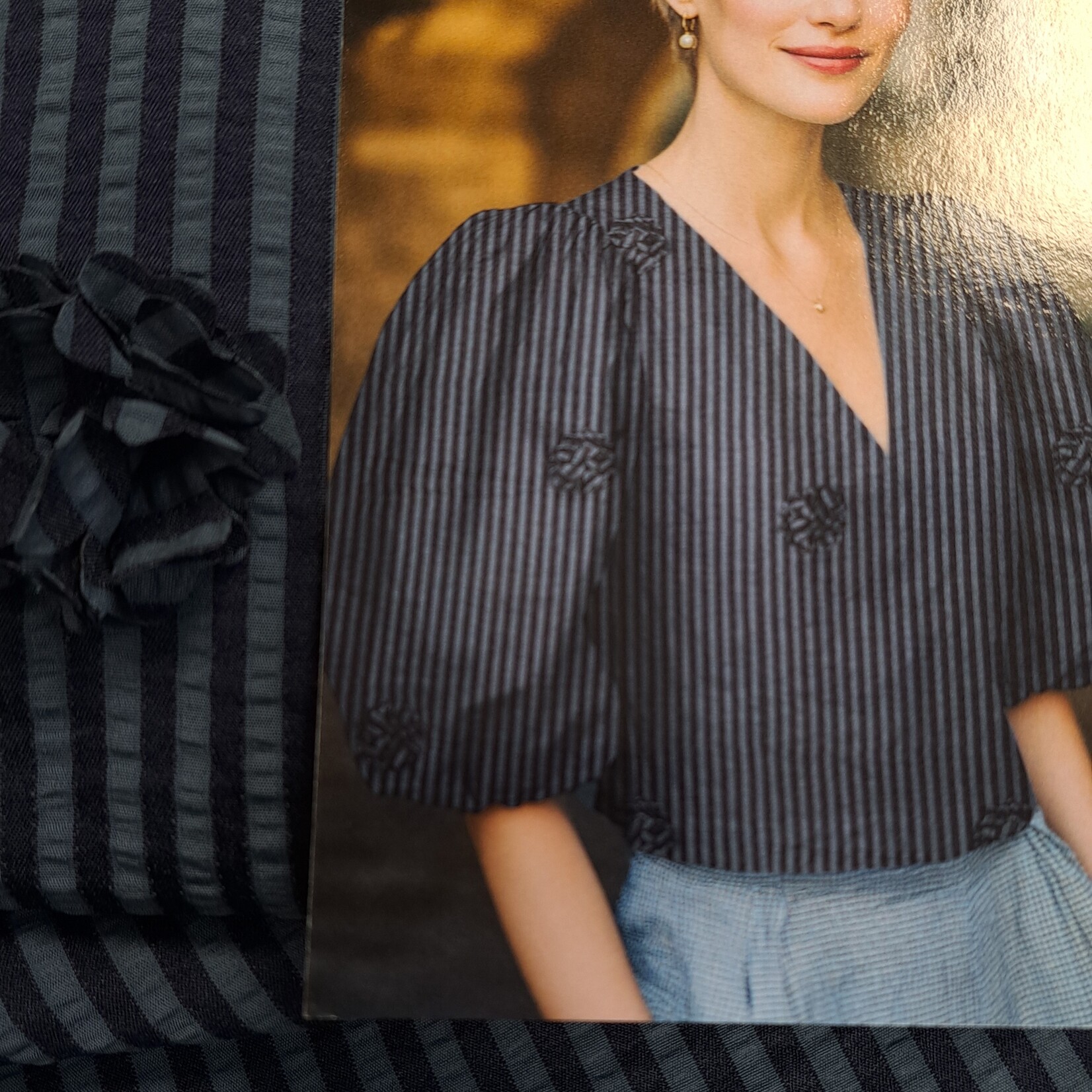 Viscose yarn dyed stripes flowers navy