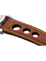 Raidillon Bracelet aéré en cuir couleur camel surpiqué vert fluo