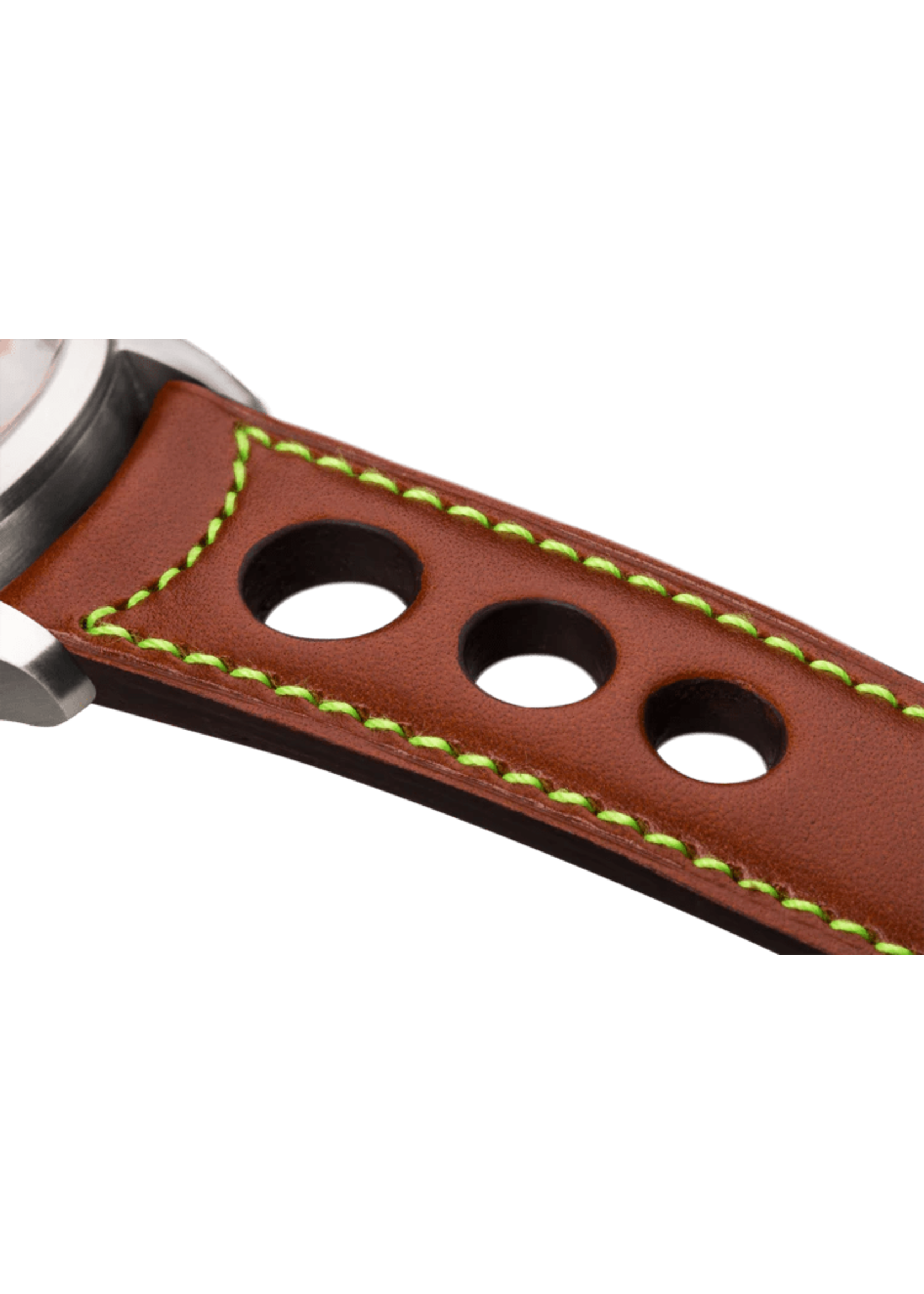 Raidillon Bracelet aéré en cuir couleur camel surpiqué vert fluo