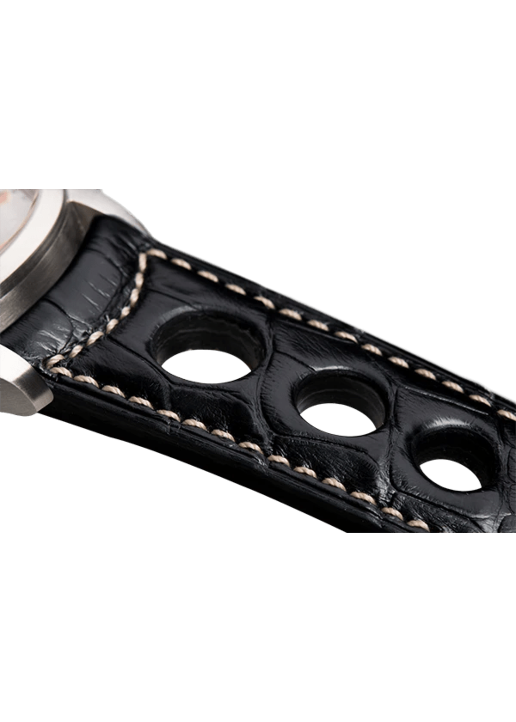 Raidillon Bracelet aéré en alligator noir surpiqué écru