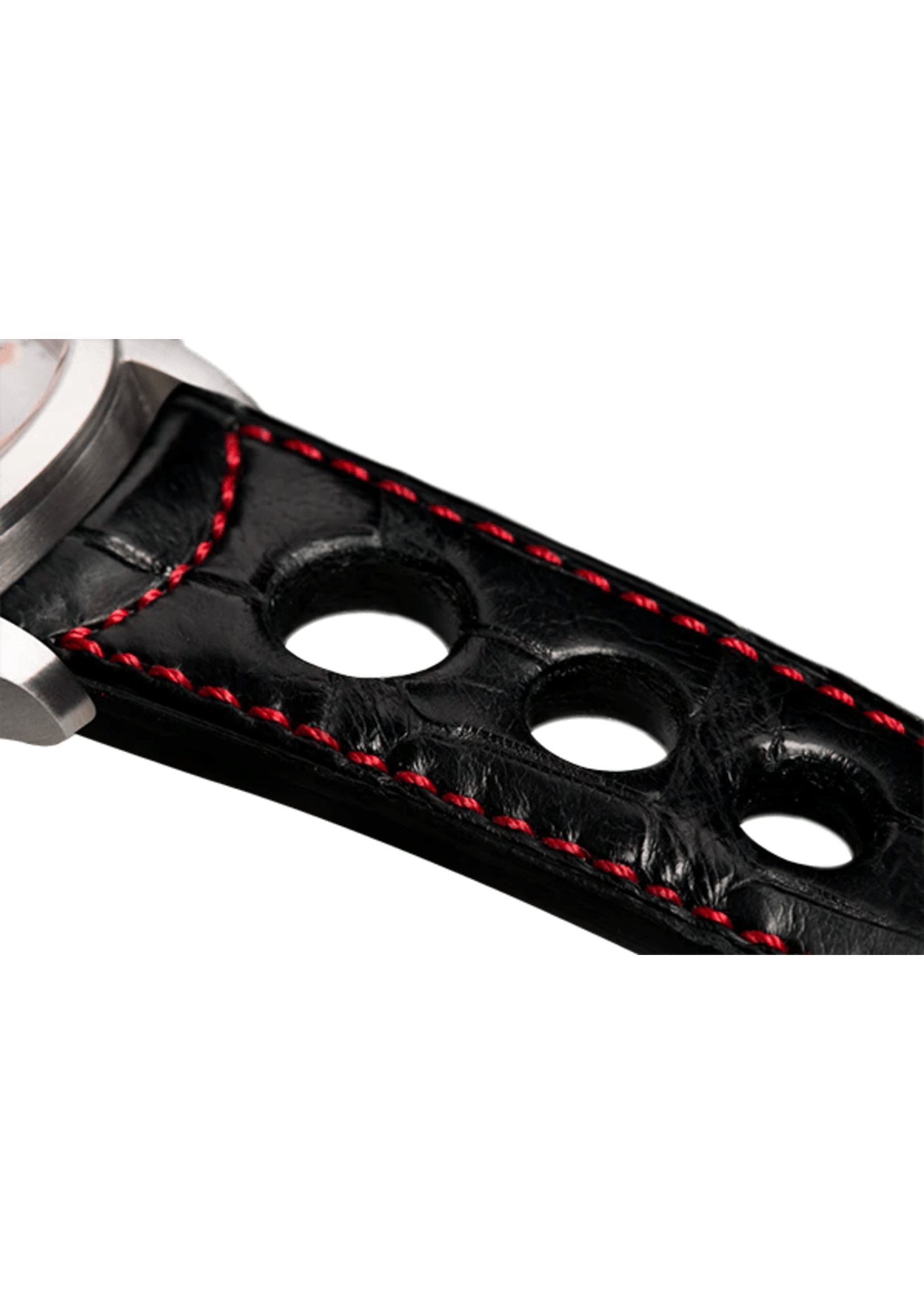 Raidillon Bracelet aéré en alligator noir surpiqué rouge