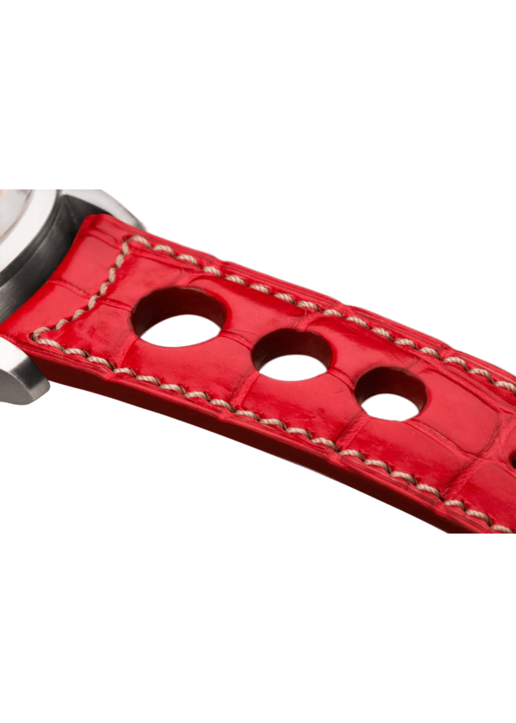 Raidillon Bracelet plein en alligator rouge surpiqué écru