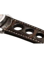Raidillon Bracelet aéré en alligator brun foncé surpiqué écru