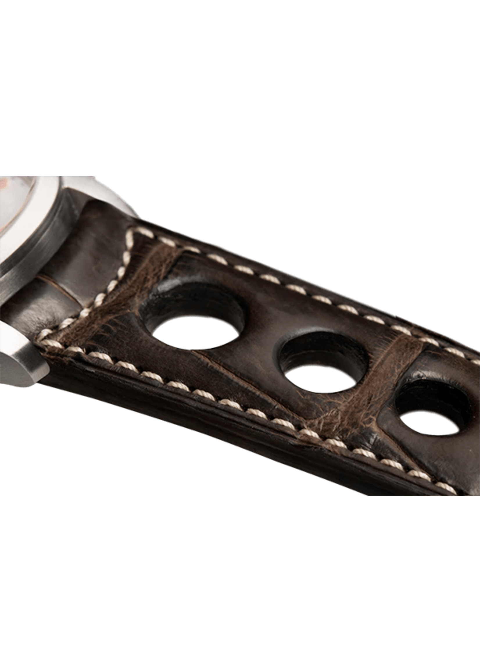 Raidillon Bracelet aéré en alligator brun foncé surpiqué écru