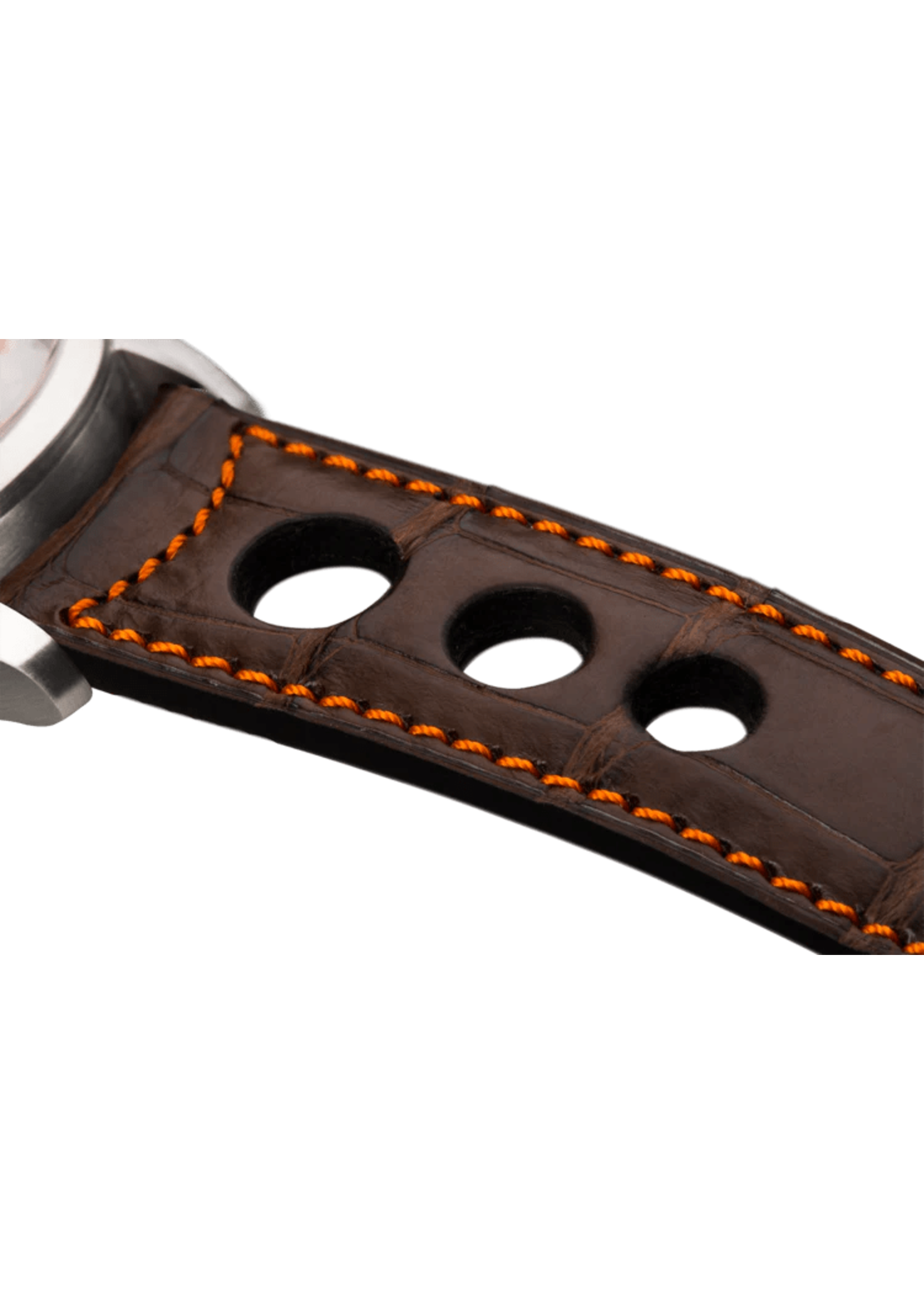 Raidillon Bracelet aéré en alligator brun foncé surpiqué orange
