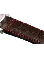 Raidillon Bracelet plein en alligator brun foncé surpiqué rouge