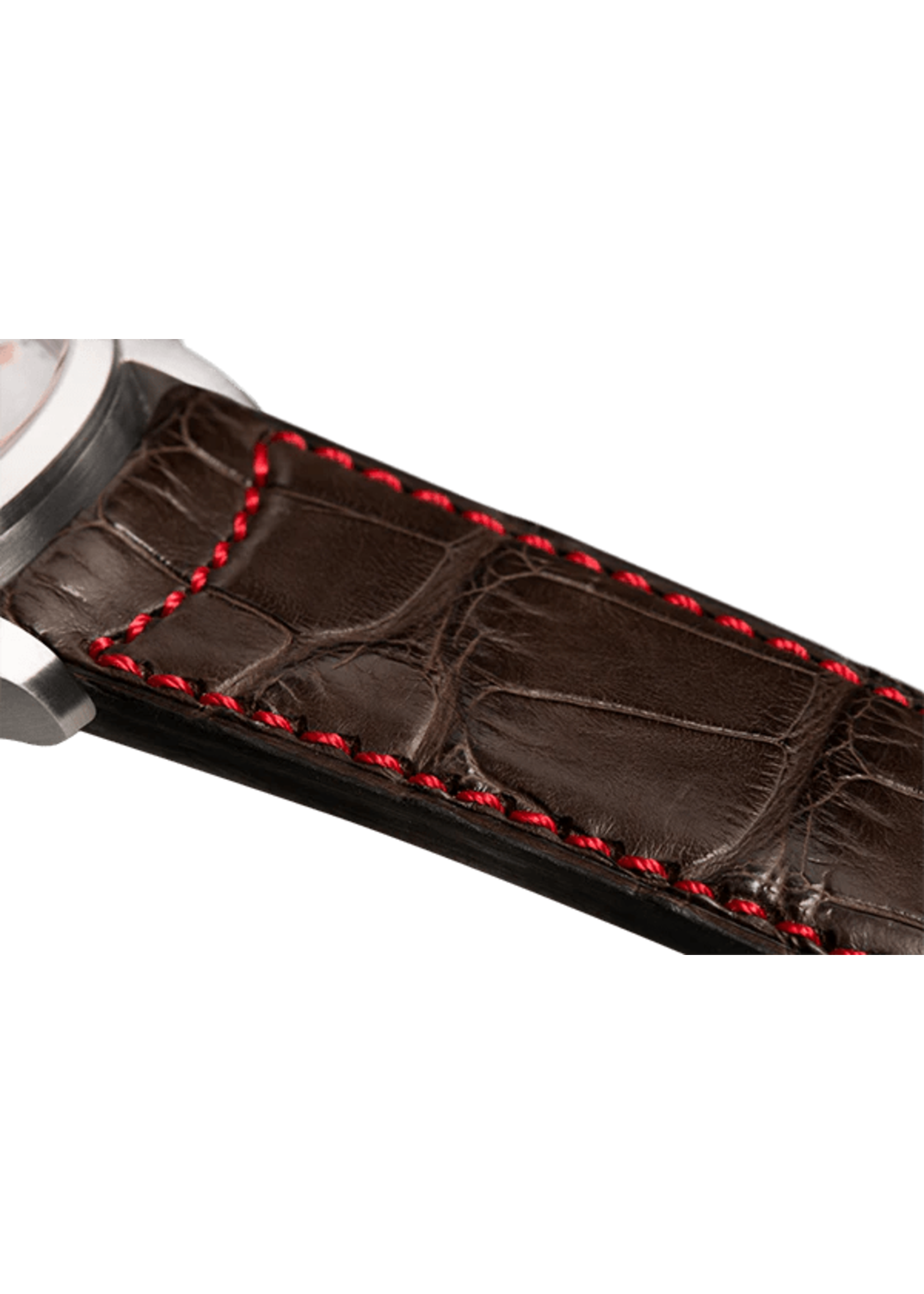 Raidillon Bracelet plein en alligator brun foncé surpiqué rouge