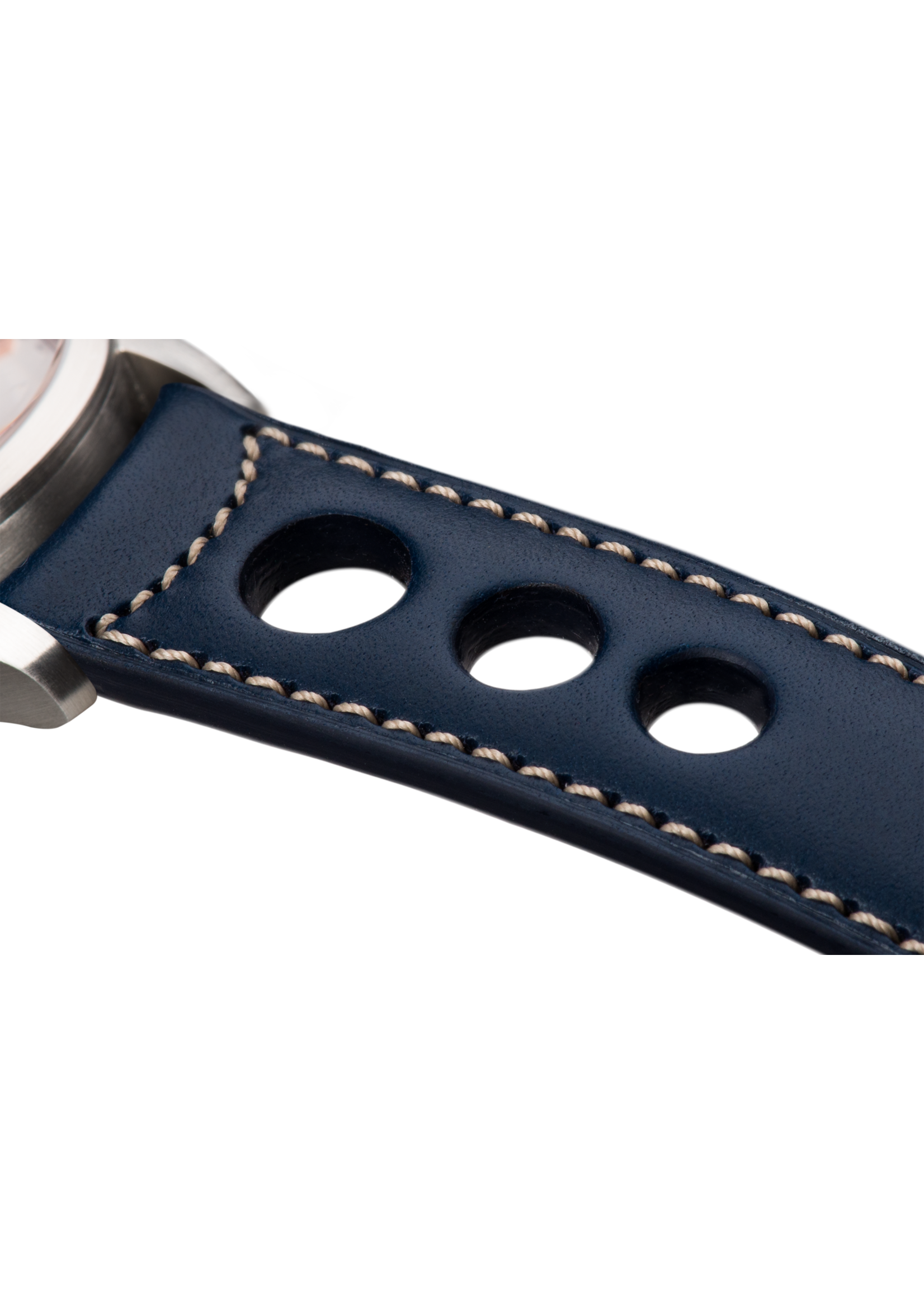 Raidillon Bracelet aéré en cuir bleu surpiqué écru