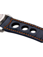 Raidillon Bracelet aéré en alligator bleu foncé surpiqué orange