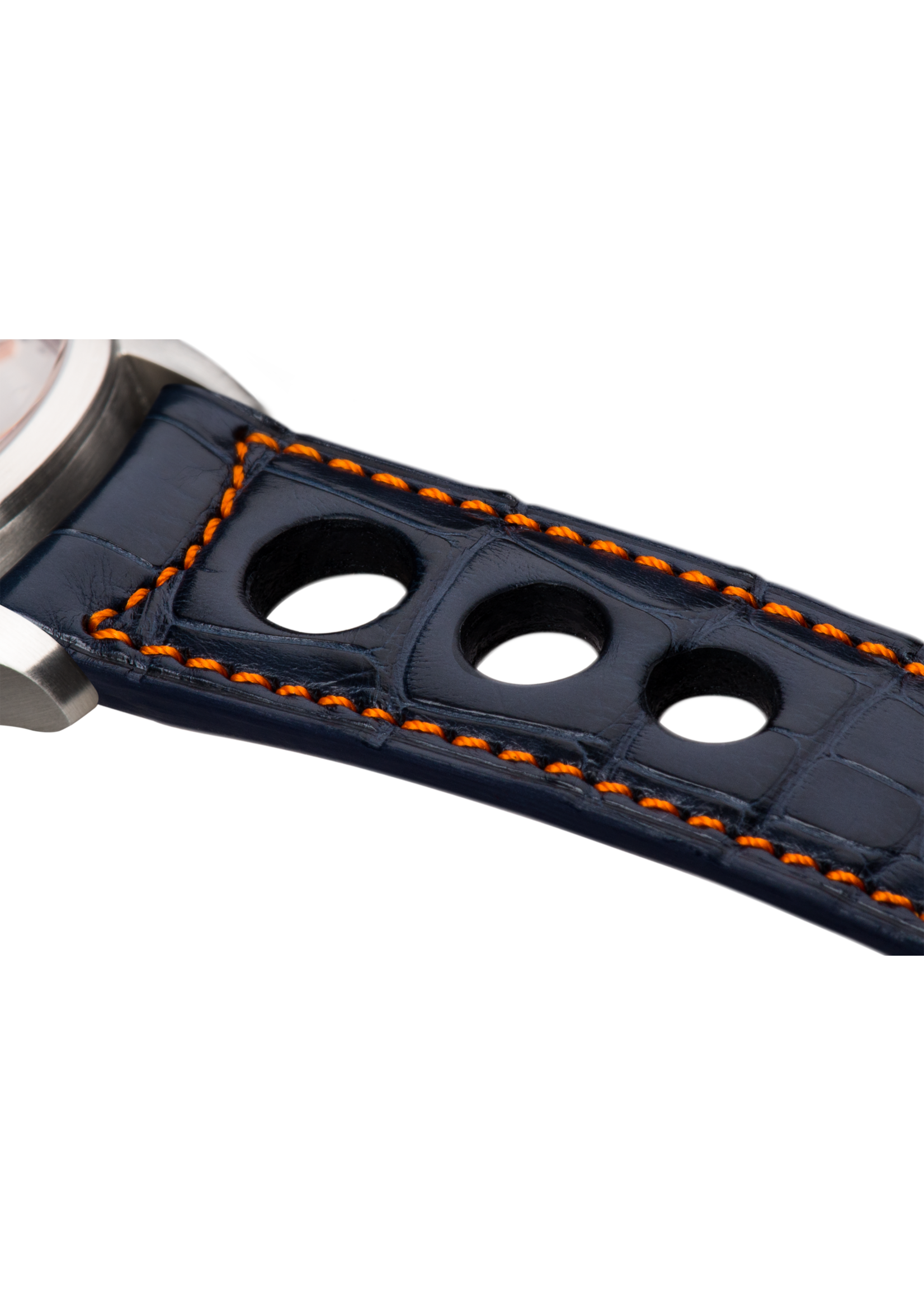 Raidillon Bracelet aéré en alligator bleu foncé surpiqué orange